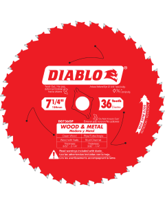 7-1/4 in. x 36 Tooth Wood & Metal Carbide Saw Blade - Diablo D0736GPA